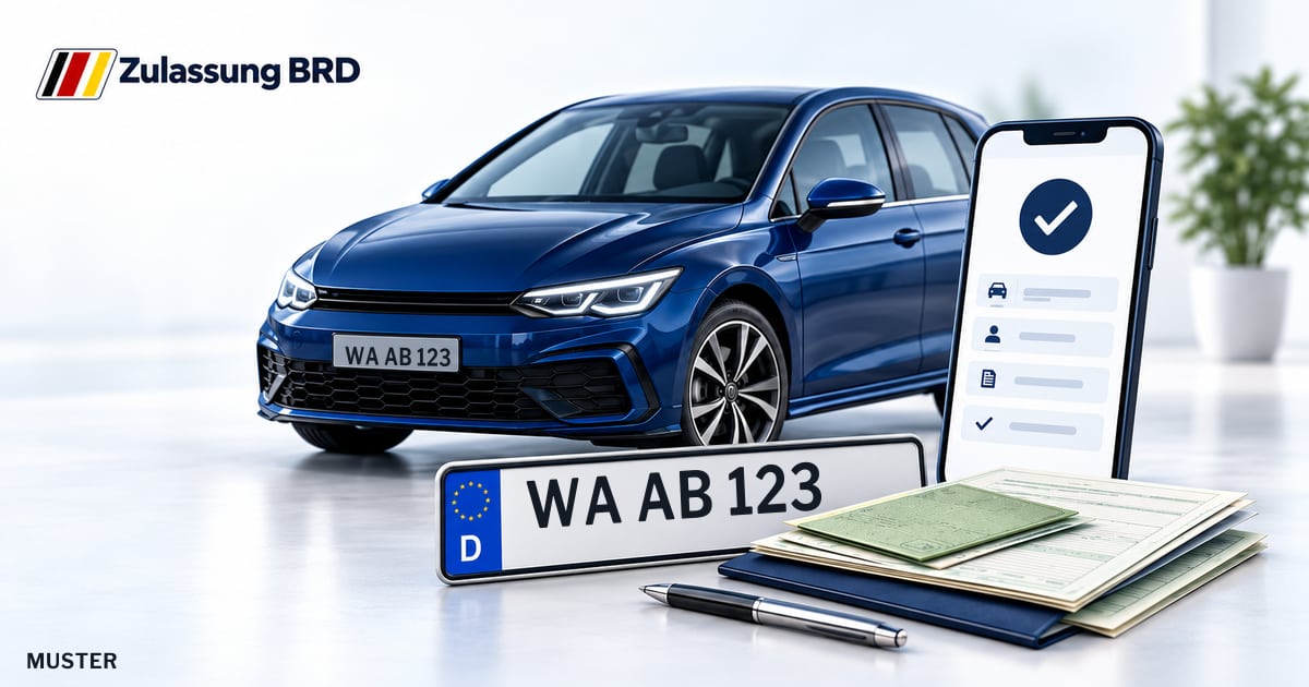 Online Fahrzeugzulassung in Landkreis Waldeck-Frankenberg: Musterkennzeichen WA AB 123, Auto und Fahrzeugpapiere und Smartphone. Illustration mit Logo von Zulassung BRD.
